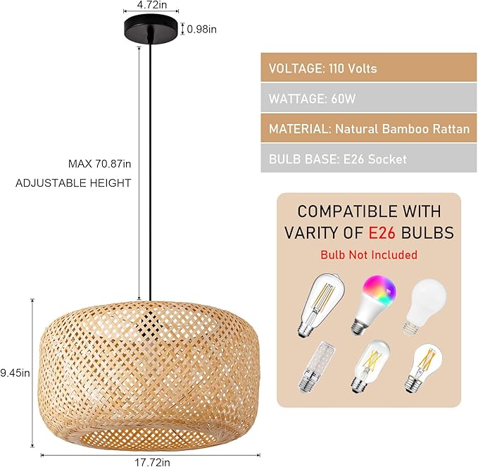 17.72in Bamboo Pendant Light Rattan Wicker Hand Woven Lighting Fixture Boho Coastal Beach Chandelier Hanging Basket Lights for Kitchen Island Dining Room Restaurant Hallway Foyer