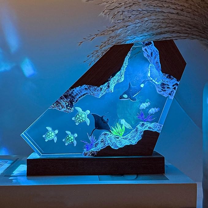 Orca Ocean Resin Lamp, Handmade Wooden Table Resin Night Light, USB Port Art Ornaments for Home Office Decor, Scuba Diver Gifts for Birthday Holiday, Unique Thanksgiving Day and Christmas Gifts