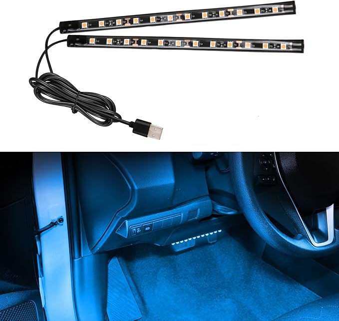 Wuyaoyao Car LED Strip Light, 12V 24 LED Vehicle Interior Atmosphere Lamps with USB Port, Auto Under Dash Ambient Night Light, Universal Car Accessories (Ice Blue, USB)
