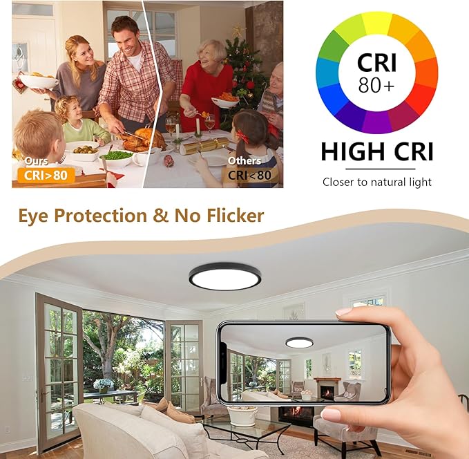 20 Inch Large LED Flush Mount Ceiling Light, 40W,4350LM, 3000K/4000K/6000K CCT Selectable, 0.98inch Super Slim Low Profile Round Flat Panel Light for Bedroom,Kitchen,Hallway(Black)