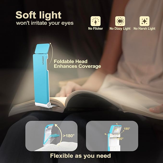VTIGER Reading Light, USB Rechargeable Book Light for Reading in Bed,Foldable Clip-on LED Booklight, 3 Amber Colors & 4 Brightness Dimmable,Long Lasting Portable Bookmark Lamp for Book Lovers, Kids