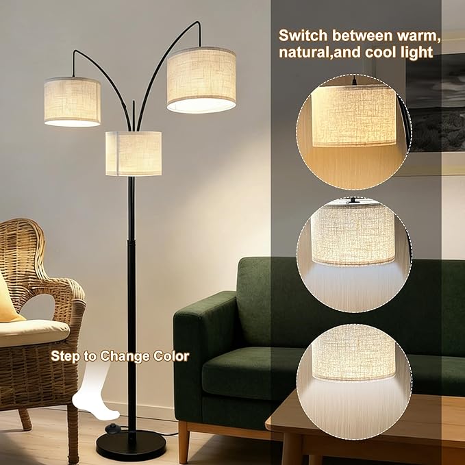 Dimmable Arc Floor Lamp, Black Pole Standing Lamp with Linen Shade and Heavy Base, Remote Control with Stpeless Color Temperatures and Brightness for Bedroom, Office