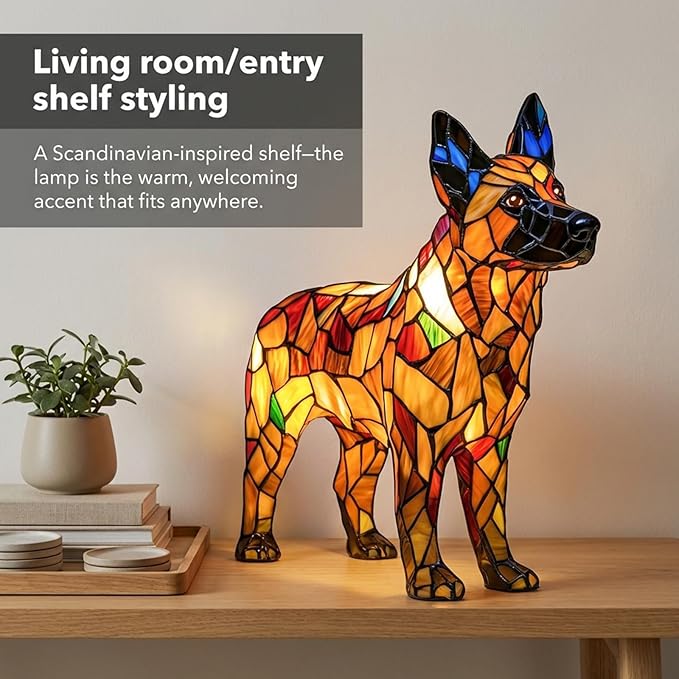 Rainbow Puppy Lamp Stained Glass Dog Night Light 3D Retro Stained Resin Rainbow Pup Lights Charge Powered Table Lamp Puppy Glow Lamps for Home Bedroom Desk (D)