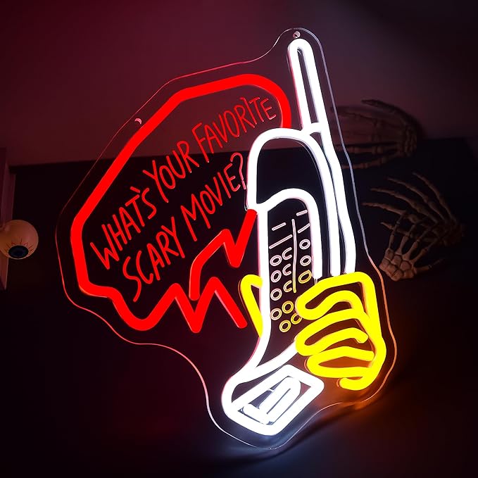 What'S Your Favorite Scary Movie Neon Sign for Wall Decor Dimmable Gothic LED Neon Light for Escape Room Bedroom Bar Halloween Party Terrifying Interior Birthday Gifts Size 14.3 * 11.2 Inch(TWP357)