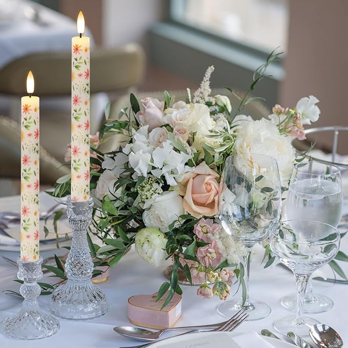 Floral Flameless Taper Candles with Remote Timer, LED Taper Candles Battery Operated Warm 3D Wick Flickering, Real Wax CandleSticks, Wedding Birthday Christmas Decor