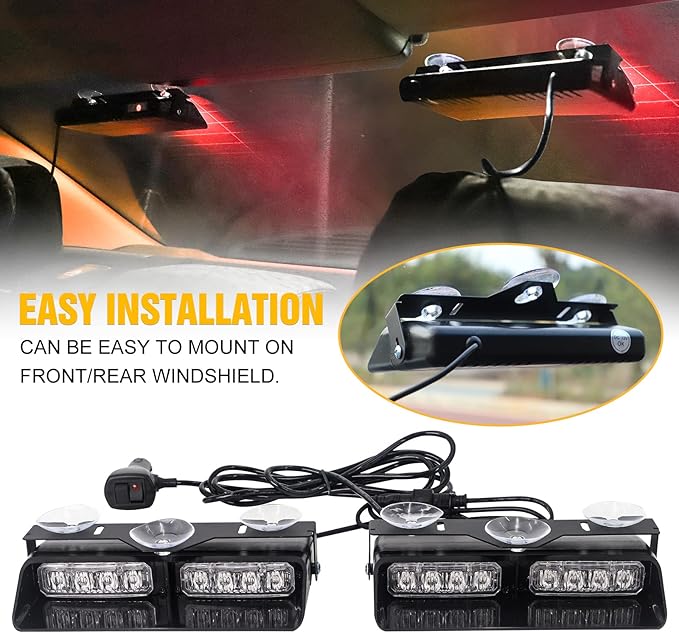 XRIDONSEN 2 in 1 Dash Emergency Strobe Lights Interior Windshield Lights Red Amber Warning Safety Flash Law Enforcement w/Suction Cups for Volunteer Police Vehicles, Trucks (2×7.16 inch, 16 LED)