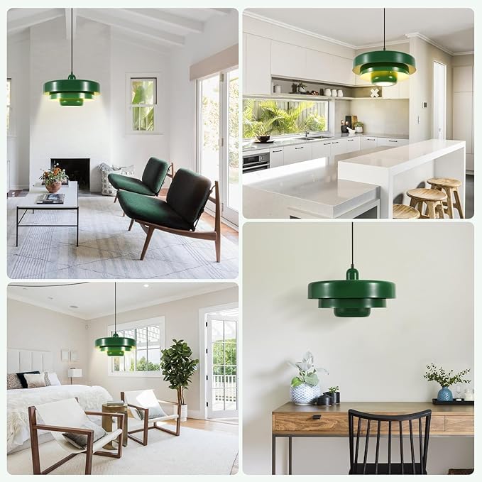 Industrial Vintage Green Plug-in Pendant Light, Adjustable Hanging Lamp with Metal Shade & Switch, No Hardwire Ceiling Light for Kitchen, Living Room, Office, Bar, Farmhouse