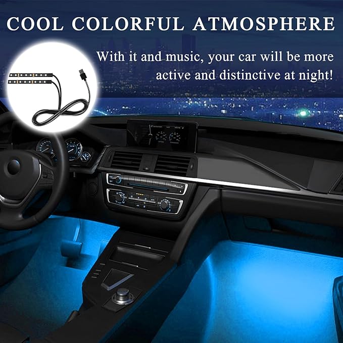 Car LED Strip Light, 12V 24 LEDs Auto Interior Atmosphere Lamp with USB Port, Vehicle Under Dash Ambient Neon Night Light Decorative Strip, Universal Car Accessories (Ice Blue)