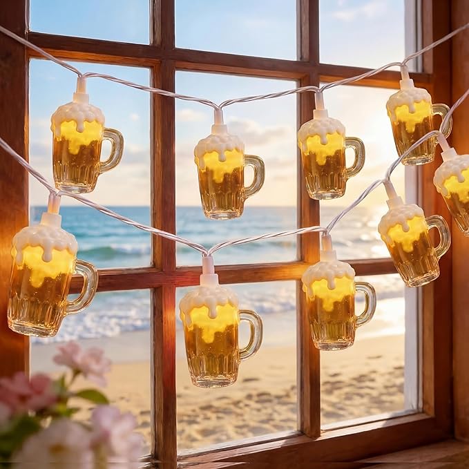 LED Beer Mug String Lights for Patrick's Day, 8.5Ft Tropical Beach Theme Fairy Lights Plug in with 10 3D Beer Cup Bulbs, Summer Hawaiian Outdoor Decor for Camping Tent Holiday Party Garden