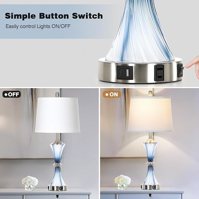 Blue Glass Table Lamp with USB C+A Ports & AC Outlet,Coastal Bedside Lamp for Night Stands Bedroom Living Room,Nightstand Lamp LED Bulbs Included,Single Blue