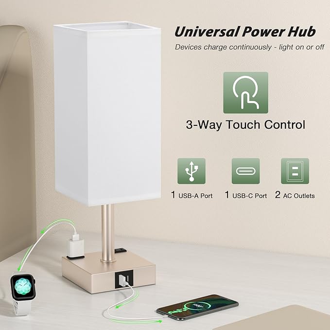 aooshine Light Gold Touch Lamps Set of 2 - Nightstand Lamp with USB-C + A Charge Ports & AC Outlets, 3-Way Dimmable Bedside Lamp, Small Table Lamp Light for Bedroom (Bulb Included)