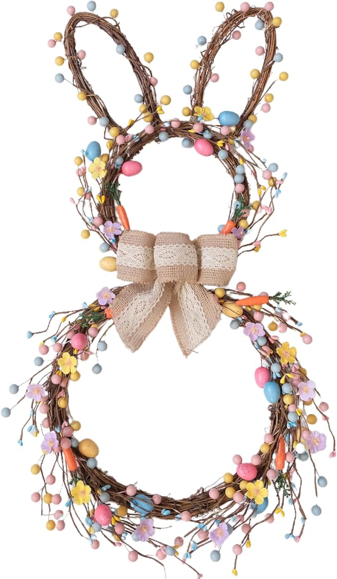 Idyllic 24 Inch Bunny Shaped Easter Wreath with Foldable Base Easter Eggs Daisies and Bow Decor for Front Door Window Living Room Fireplace Holiday Decoration