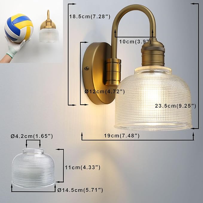 Yosoan Brass Gold Vintage Wall Sconce with Striped Shade, 1-Light Modern Vanity Light Industrial Single Wall Mounted Hardwired Bowl Texture Glass Shade for Living Room Bedroom Kitchen Hallway(Antique)