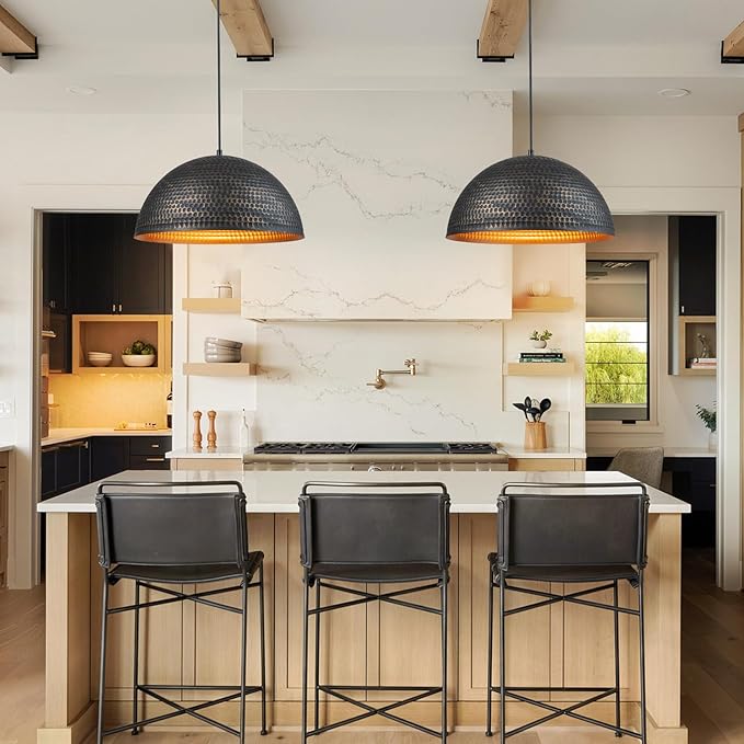 15.7 in. Black and Gold Hammered Pendant Light Fixtures, Industrial Metal Dome Shade, Pendant Lights Kitchen Island, Pendant Light for Kitchen Island and Dining Room