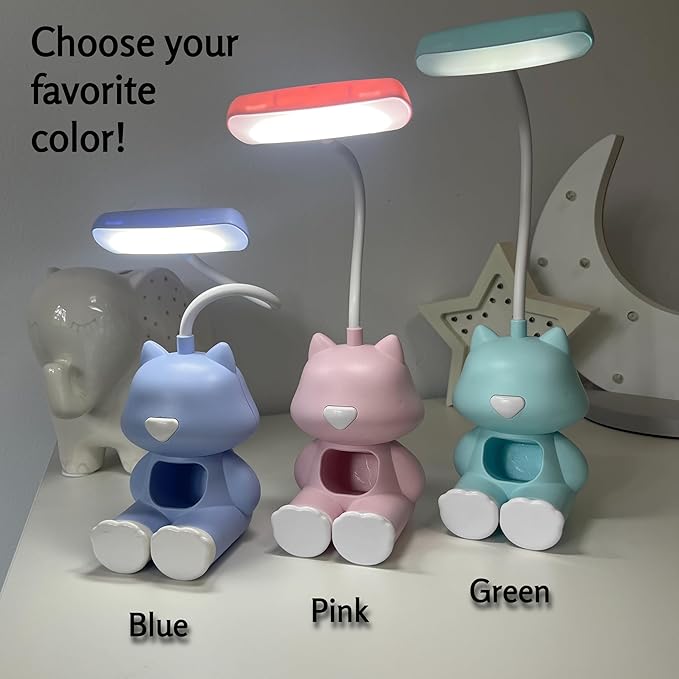 Cute Cat LED Desk Lamp with Phone Stand – Flexible Gooseneck, Rechargeable Battery, Small Organizer Compartment – Night Light for Kids' Rooms or Nursery (Blue)