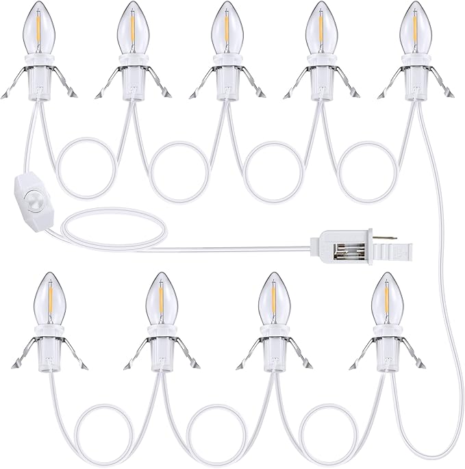 Meonum Christmas Village Lights Cord with Dimmer, C7 LED Lights with 2 Spare Fuse & 9 LED Bulb, Blow Mold Light Cord for Christmas Houses Villages, Holiday Craft Decorations, Night Light(White)