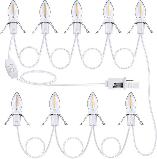 Meonum Christmas Village Lights Cord with Dimmer, C7 LED Lights with 2 Spare Fuse & 9 LED Bulb, Blow Mold Light Cord for Christmas Houses Villages, Holiday Craft Decorations, Night Light(White)