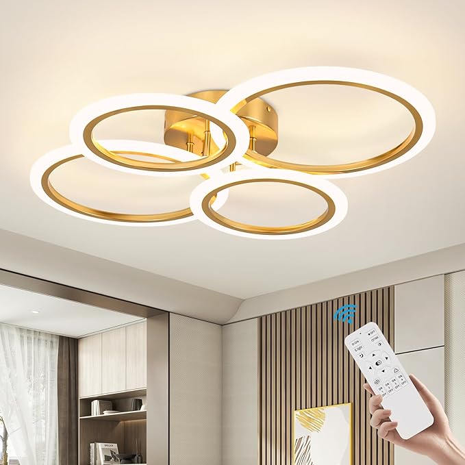 Modern LED Ceiling Light, 4 Rings LED Dimmable Flush Mount Ceiling Light with Remote Control, Gold Close to Ceiling Lamp for Kitchen Living Room Bedroom Laundry Room Ceiling Lighting Fixture