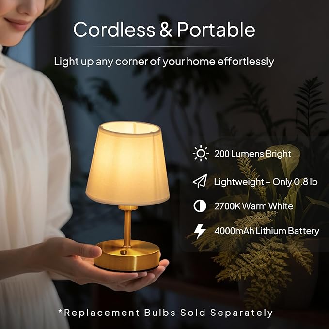 EppieBasic Cordless Table Lamp Small: Fast Charging & Long Lasting - 2700K Warm Light Dimmable - Vintage Mini Rechargeable Lamps for Dinning Living Room Bedroom