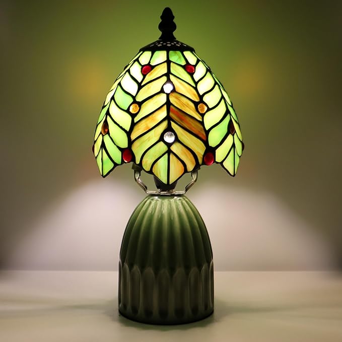 Stained Glass Mushroom Table Lamps 6X6X12.5 Inch Green Coconut Leave Style Small Night Light Ceramic Base Mini Accent Desk Light Suitable for Bedside Table Bedroom Children Room