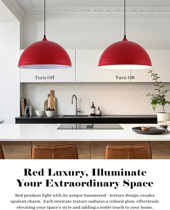 16 inch Red Pendant Light 2 Pack, Hammered Large Industrial Pendant Lights Kitchen Island, Oversive Red Dome Pendant Light for Kitchen Island, Dining Room, Bar