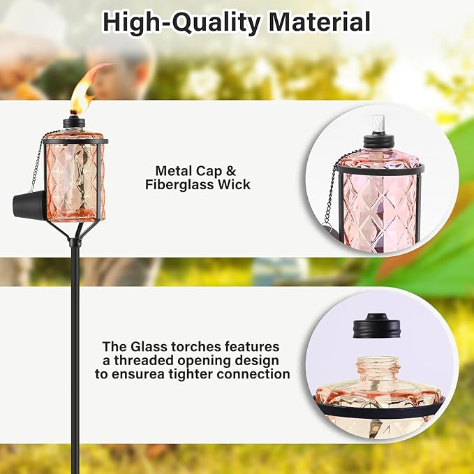 4 Pack Glass Citronella Torches, Modern Landscape Lanterns with 3-Prong Grounded Stake, Refillable Flame Light Torch for Garden Yard Patio Party Decor (Colorful)