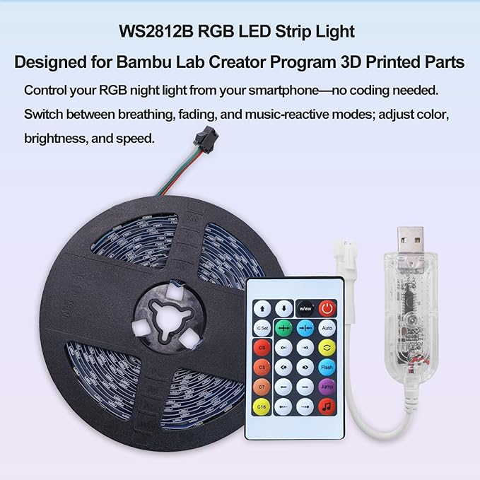 WS2812B RGB LED Strip Light-KA001 5M/16.4FT APP Remote Control for Bambu Lab X1/P1P/P2S/H2D 3D Printer Accessories MakerWorld Models Lamp 300 LEDs Ideal DIY 3D Print Valentine's Day Gift