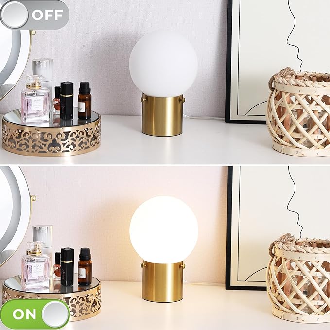 Somniferous Gold Table Lamps Set of 2, Small Bedside Lamps with Frosted Glass Globe Shade, Mid Century Modern Lamp, Nightstand Lamps for Bedroom Living Room Dorm, 7W LED Bulb Included