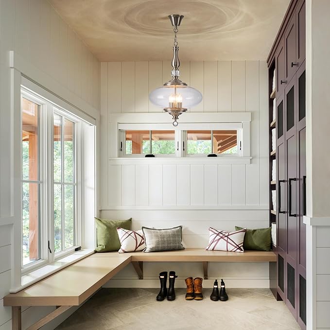 Modern Glass Large Pendant Light Brushed Nickel 5-Light Chandelier,H 27.5" x W 15.7" for Dining Room, Kitchen Island, Hallway