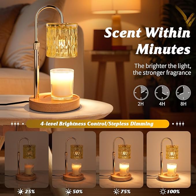 Candle Warmer Lamp with Timer and Dimmer, Height and Brightness Adjustable,Glass Electric Wax Warmer with 2 Bulbs for Women Mom Gifts, Home Decor for Scented Jar Candles (Yellow)
