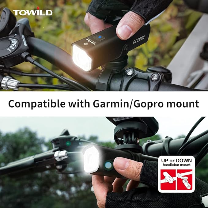 TOWILD CL1200 Bike Lights for Night Riding,Compatible with Garmin/GoPro Mount,1200 Lumen Bright Bike Headlight,Rechargeable Battery,Waterproof Bike Front Light for Commuter Cyclists