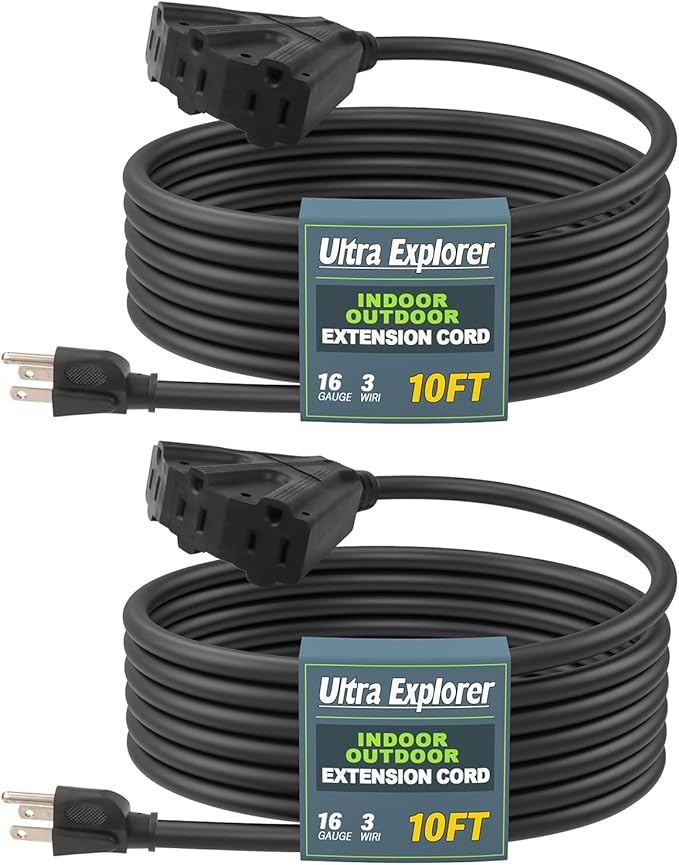 10 Ft 2 Pack Outdoor Extension Cord with 3 Electrical Power Outlets - 16/3 SJTW Long-Lasting Black Cable with 3 Prong Grounded Plug