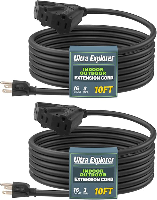 10 Ft 2 Pack Outdoor Extension Cord with 3 Electrical Power Outlets - 16/3 SJTW Long-Lasting Black Cable with 3 Prong Grounded Plug