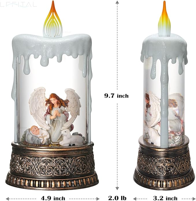 Angel Christmas Snow Globe Lantern, Nativity Lighted Christmas Decorations for Home Candle Shaped Snow Lantern with Music Timer Glittering, Home Decor Festival Gife, USB & Battery Operated