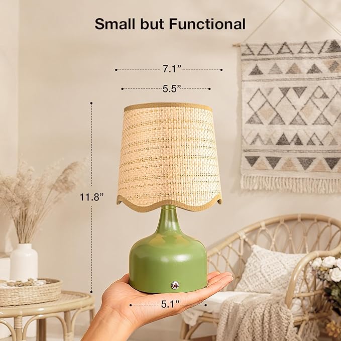 Cordless Boho Table Lamp Green, Scalloped Wicker Shade, 5200-mAh Rechargeable Battery, 3-Way Dimmable, Build-in Integrated LED 320 Lumen Max, for Bedside Living Room