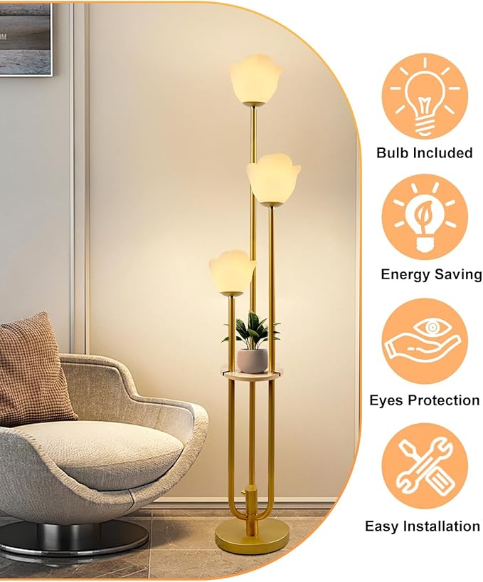 63IN Floral Floor Lamp with Table, 3-Lights Dimmable Flower Floor Lamps for Wedding Party, 3000K Warm White Modern Tall Standing Lamp for Living Room/Bedroom