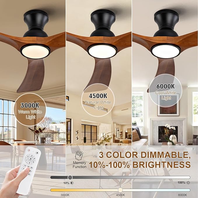 52 inch Flush Mount Ceiling Fans with Lights,Remote Control,Wall Switch,Solid Wood Blades,Dimmable,Reversible,Noiseless,Power Off Memory Low Profile Ceiling Fan for Bedroom Patio Indoor/Outdoor