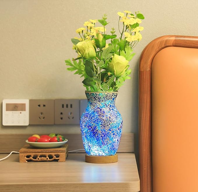 8-Inch Handcrafted Mosaic Cracked-Ice Vase Bedside Lamp with USB-Powered LED Wooden Base,Single-Switch Auto-Cycle RGB Mood Light,Ocean Blue Vase USB Night Light for Party,Camping Decor