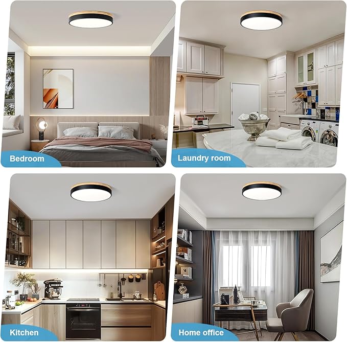 Dimmable Wood LED Ceiling Light, 5CCT 2700K-6000K Modern Black Flush Mount Ceiling Lamp, Minimalist Round Close to Ceiling Lighting Fixture for Living Room, Bedroom, Kitchen, 15.74in