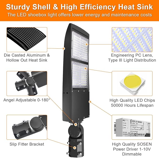 480V 300W LED Parking Lot Light, 42000LM LED Shoebox Street Flood Light (1000W MH/HPS Equiv.), 5000K Dimmable Commercial Area Lighting with 20KV Surge Protection, IP65 277-480V UL&DLC Listed