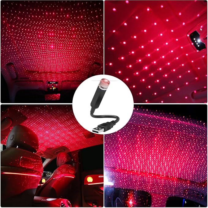 Car Roof Star Night Light, Portable Adjustable USB Flexible Interior LED Romantic Atmosphere Star Night Projector, Inside Car Lighting for Cars Bedrooms Parties Decoration(Red)