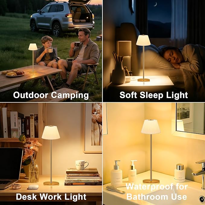Cordless Small Table Lamp, 4000mAh Rechargeable Battery, Touch Control 3-Color & Stepless Dimming, Portable LED Mini Lamp with Beige Shade for Bedroom, Office, Dining Table, Outdoor Camping