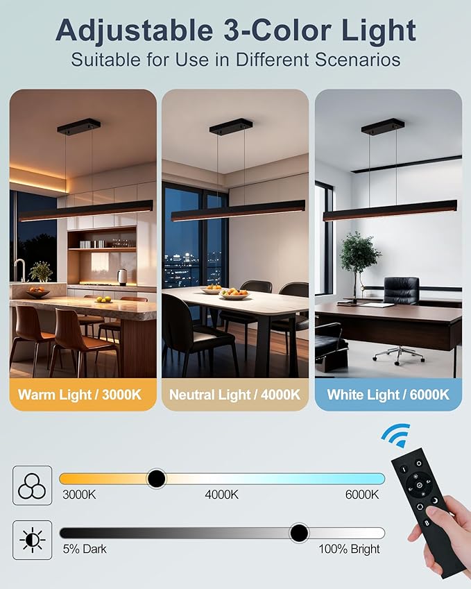43" Wood Linear Pendant Light, 24W LED Dimmable Kitchen Hanging Lights, Pendant Lights Kitchen Island with Remote, Linear Chandelier for Dining Room, Kitchen Island, Bar, Pool Table-Walnut