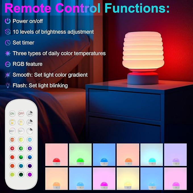 SCOPOW 2Packs E26 Rechargeable Light Bulbs with Remote, 6W 450lm Battery Operated Magnetic Light Bulbs 2500mAh, 15 RGB Color, Timer, Dimmer for Non-Hardwired Lamp