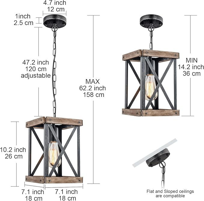 Farmhouse Pendant Light, Adjustable Metal and Wood Chandelier Light Fixture, Rustic Pendant Lighting for Kitchen Island, Bedroom, Dining Room and Entryway (Brown)