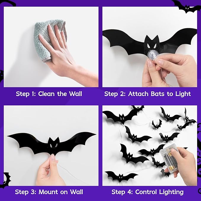 Halloween Bats Fairy Lights Wall Decor, 20 Packs Lighted Bats Stickers with Timer Halloween Party Wall Window Indoor Home Decorations