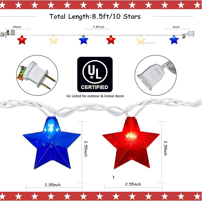 Red White Blue Stars String Lights, 8.5Ft 4th of July Decorations Lights with 10 Red White Blue Lights, Plug in Stars String Lights Outdoor for Independence Day Memorial Patriotic Party Gift Decor