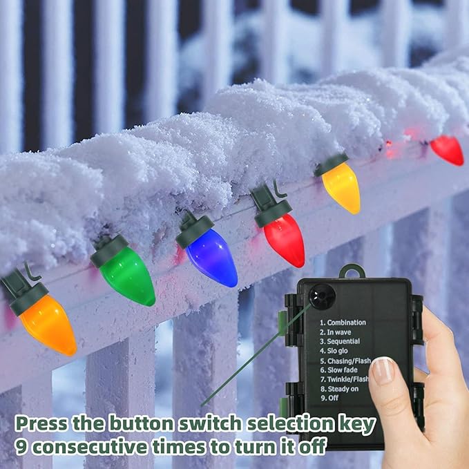 50LED C7 Multicolor Christmas Lights Battery Operated with 8 Mode Remote Control, 27.5FT 50pcs Twinkle C7 Light Bulbs for Colorful Christmas Tree Lights & Home Porch Yard Lawn Decorations