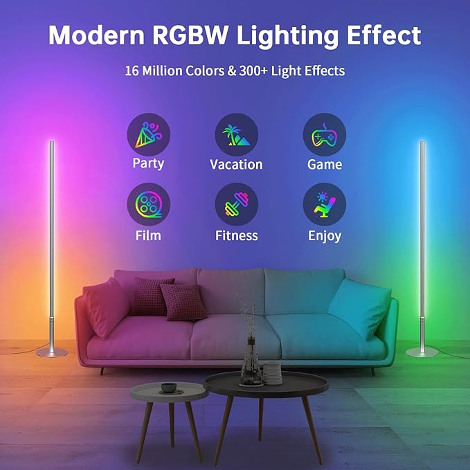 Marlrin RGBW Floor Lamp, Color Changing Standing LED Corner Lamp, Modern Lamp with Music Sync, Compatible with Alexa，Wi-Fi APP and Remote Control, 57.8" Floor Lamp for Living Room and Bedroom, Silver