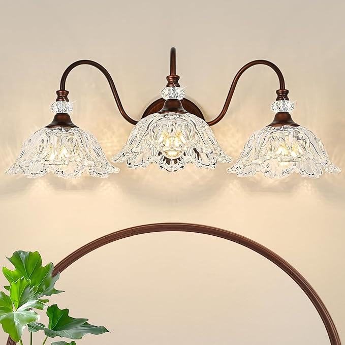 Oil Rubbed Bronze Bathroom Vanity Light, 3-Light Vintage Vanity Light with Floral Clear Glass Shades, Retro Wall Mount Lighting for Bathroom, Dressing Table